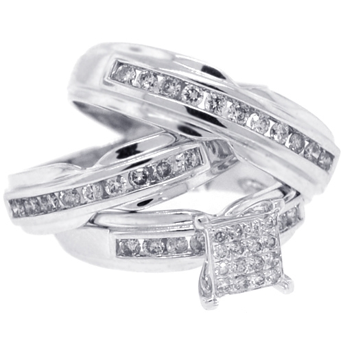 Bride Groom Diamond Wedding 3Ring Set 14K White Gold 1.34 ct