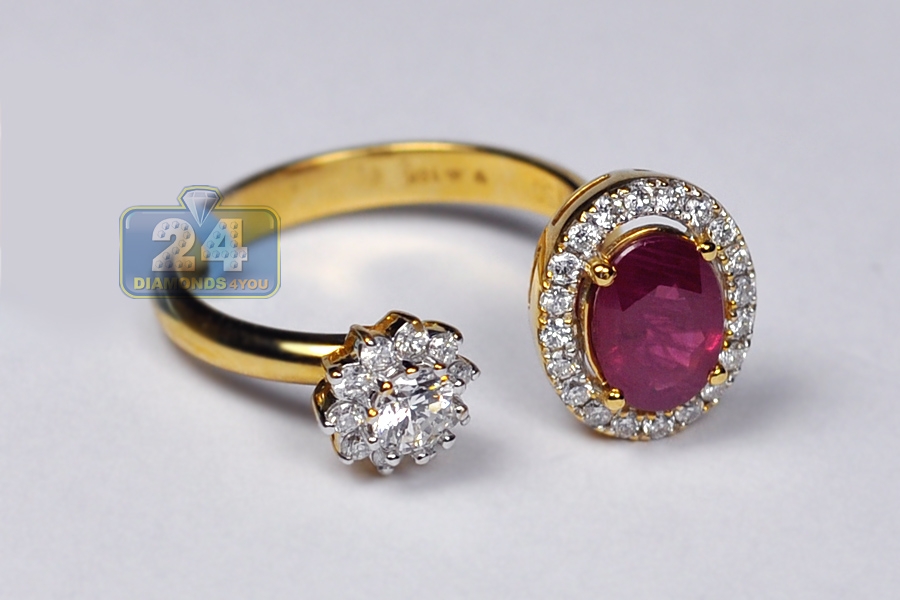 Womens Ruby Diamond Two Stone Ring 18K Yellow Gold 1.73 ct
