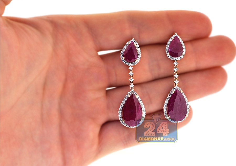 Womens Ruby Diamond Drop Earrings 18K Rose Gold 17.30 ct