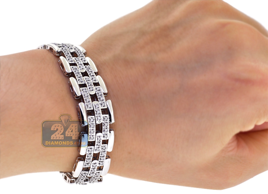 Mens Diamond Bicycle Link Bracelet 18K White Gold 2.20 ct 16 mm