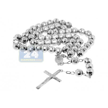 925 Sterling Silver Mens Diamond Cut Rosary Necklace 22 Inches