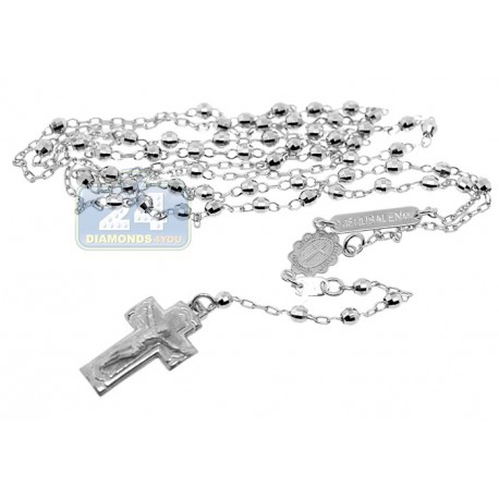 10K White Gold Mens Rosary Necklace 16 Inches
