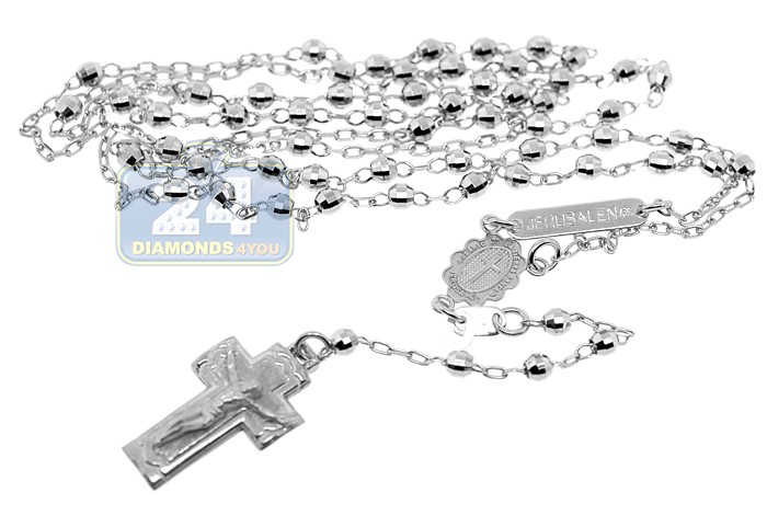 10k white gold mens rosary necklace 16 inches