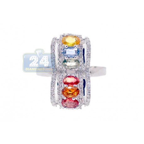 14K White Gold 1.91 ct Multicolored Sapphire Diamond Womens Long Ring