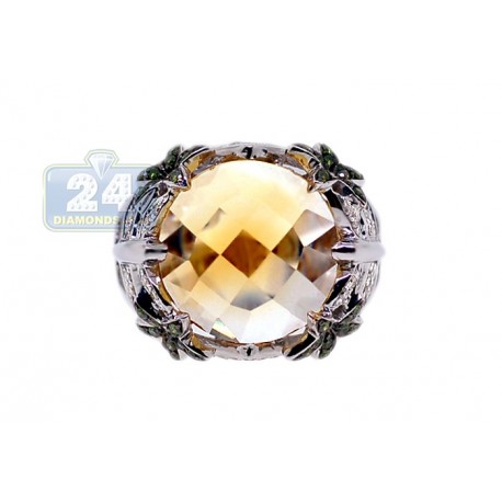 14K White Gold 8.75 ct Yellow Citrine Diamond Floral Cocktail Ring