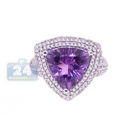 14K White Gold 4.89 ct Triagle Purple Amethyst Diamond Cocktail Ring