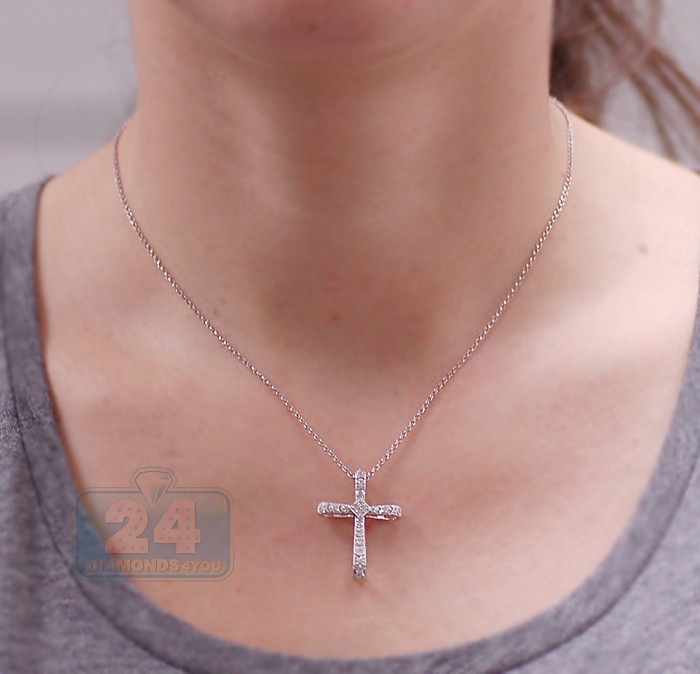 14K White Gold 0.16 ct Diamond Womens Small Cross Pendant