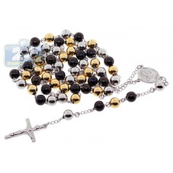 Three Tone Stainless Steel Mens Rosary Necklace 23 Inches