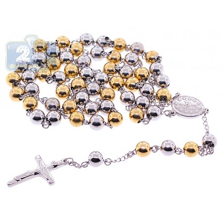 Two Tone Stainless Steel Mens Rosary Necklace 22 1/2 Inches