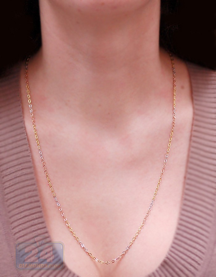10K Three Tone Gold Womens Chain Necklace 24 Inches