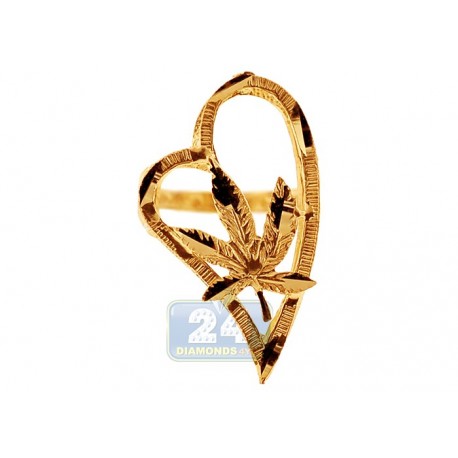 10K Yellow Gold Marijuana Leaf Open Heart Womens Ring