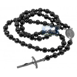 Black Stainless Steel Bead Stone Rosary Necklace 20 Inches