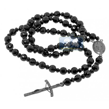 Black Stainless Steel Bead Stone Rosary Necklace 20 Inches