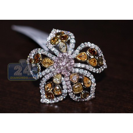 14K Gold 5.16 ct Fancy Yellow Brown White Diamond Flower Womens Ring