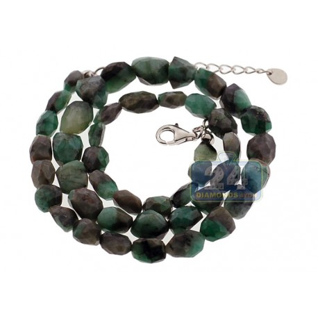925 Sterling Silver Natural Emerald Tumbled Necklace 19 Inches