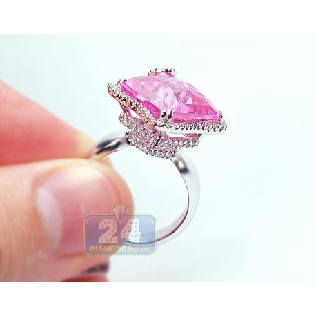 14K White Gold 5.81 ct Pink Quartz Gemstone Diamond Womens Ring