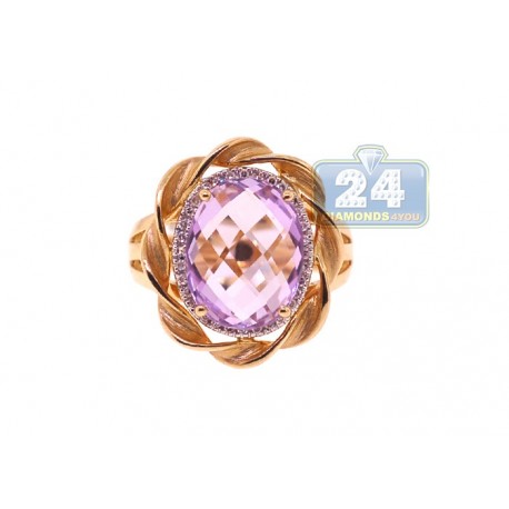 14K Yellow Gold 4.73 ct Amethyst Diamond Halo Womens Cocktail Rope Ring