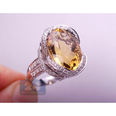 14K White Gold 18.04 ct Citrine Diamond Womens Cocktail Ring