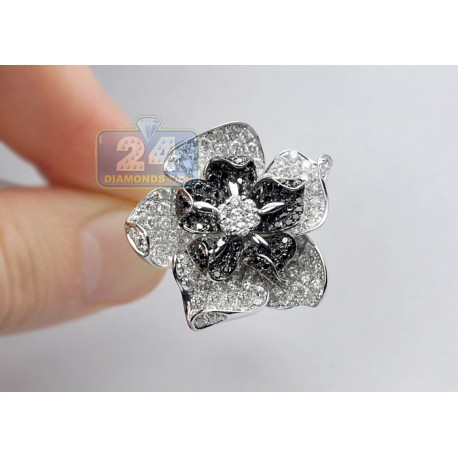 14K White Gold 5.50 ct Black Diamond Flower Cocktail Womens Ring
