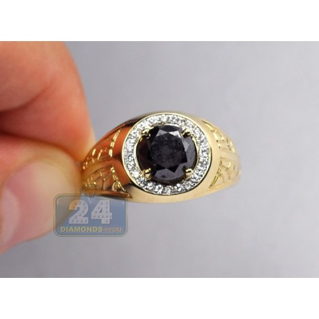 14K Yellow Gold 2.45 ct Black Diamond Solitaire Halo Mens Ring