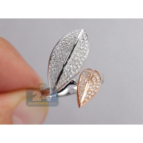 14K Two Tone Gold 0.77 ct Diamond Double Leaf Womens Ring