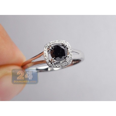 14K White Gold 0.94 ct Black Diamond Halo Womens Engagement Ring