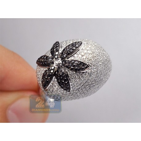 14K White Gold 6.05 ct Black Diamond Flower Womens Dome Ring