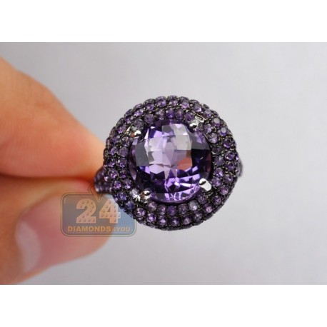 14K White Gold 6.95 ct Round Purple Amethyst Halo Womens Cocktail Ring