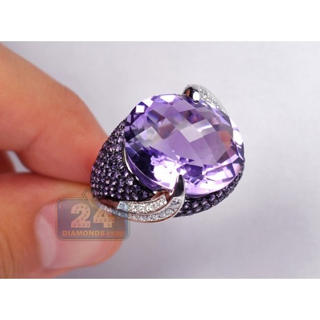 14K White Gold 22.70 ct Purple Amethyst Diamond Cocktail Ring