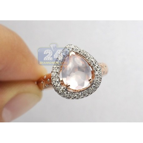 14K Rose Gold 3.11 ct Pink Quartz Gemstone Diamond Womens Cocktail Ring