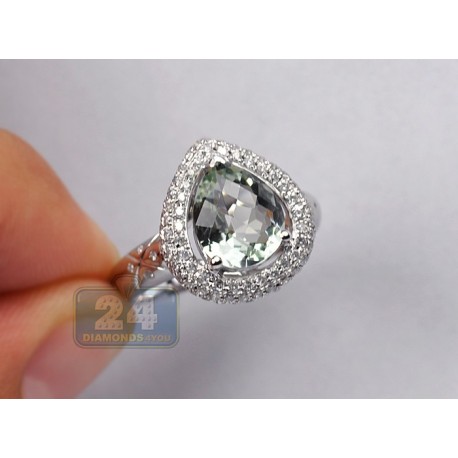 14K White Gold 3.13 ct Green Amethyst Gemstone Diamond Womens Cocktail Ring