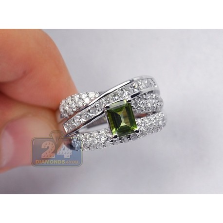 14K White Gold 2.60 ct Green Peridot Diamond Womens Band Ring