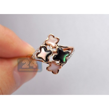 14K Pink Gold 0.20 ct Diamond Multicolored Opal Clover Womens Ring