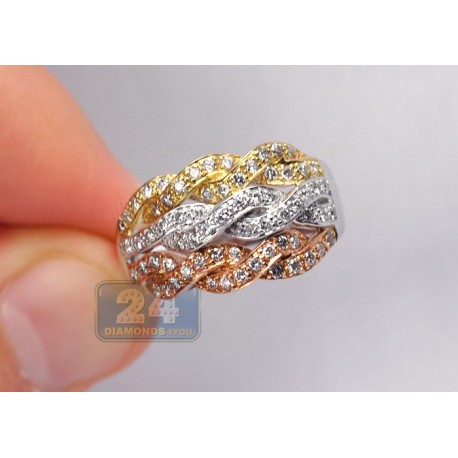 14K Three Tone Gold 0.84 ct Diamond Womens Braided Triple Band Ring