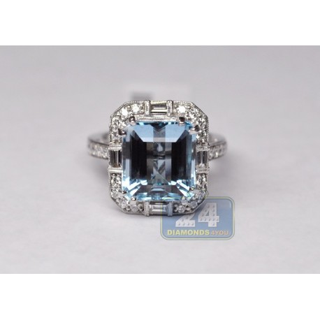 18K White Gold 7.66 ct Blue Topaz Diamond Womens Vintage Cocktail Ring