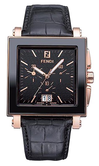 F654111 Fendi Black Ceramic Square Chronograph Rose Gold Watch
