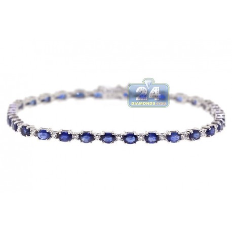 Womens Diamond Blue Sapphire Tennis Bracelet 18K White Gold 7.25"