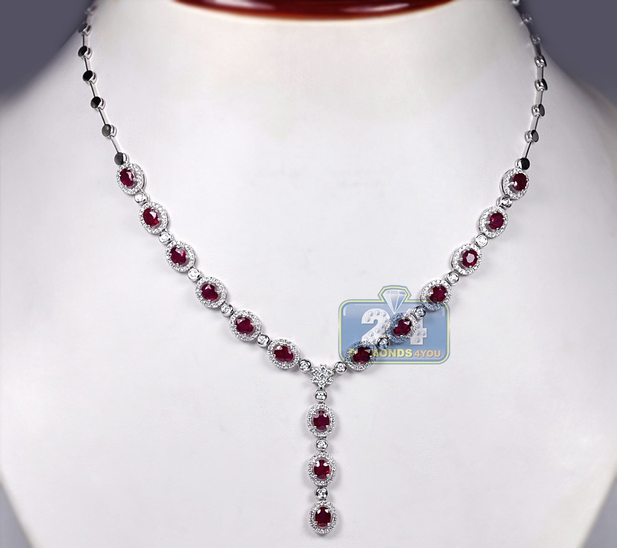 Womens Ruby Diamond Halo Lariat Y Shape Necklace 18K White Gold