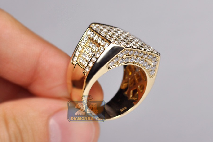 Mens Real Diamond Octagon Signet Ring 14K Yellow Gold 5.46ct