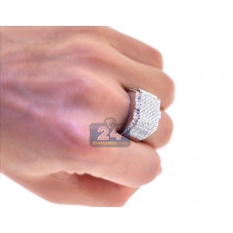Mens Round Cut Diamond Signet Ring 14K White Gold 3.44ct