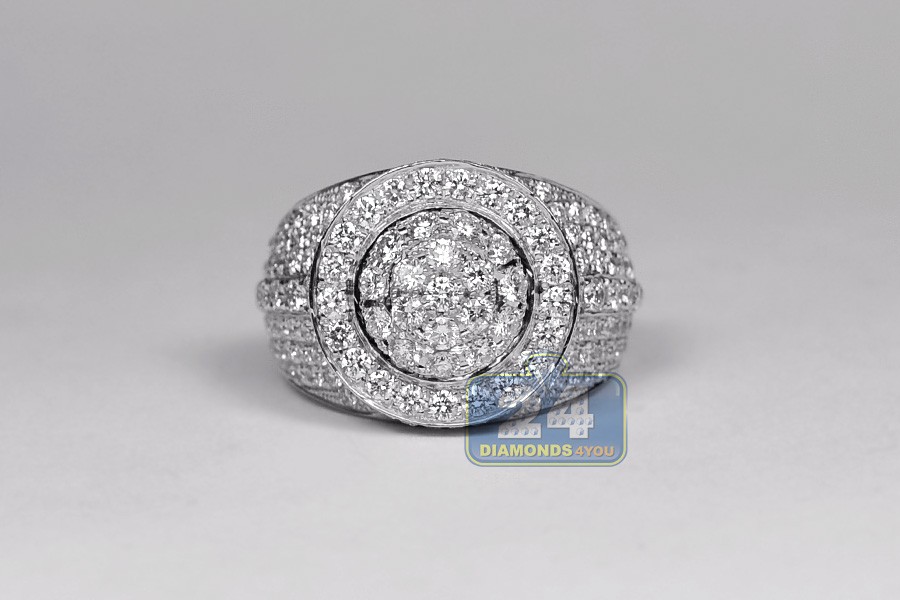 Mens Round Shape Diamond Signet Ring 14K White Gold 4.68 ct