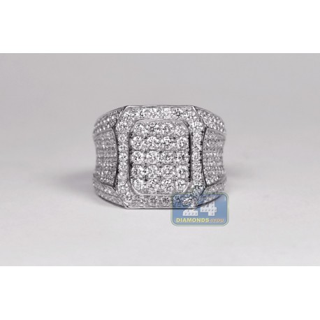 Mens Iced Out Diamond Luxury Signet Ring 14K White Gold 5.20ct