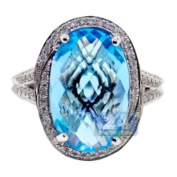 14K White Gold 9.13 ct Blue Topaz Diamond Womens Cocktail Ring