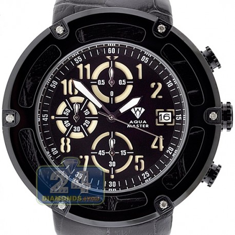 Aqua Master 0.24 ct Diamond Black PVD Steel Leather Mens Watch