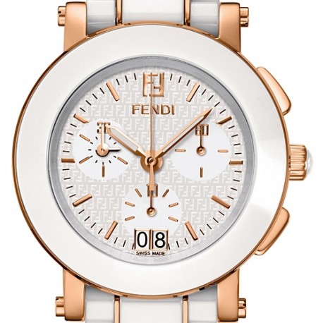 F672140 Fendi White Ceramic Round Rose Gold Chronograph Watch