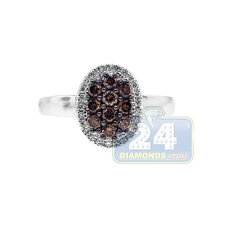 14K White Gold 0.50 ct Mixed Brown Diamond Cluster Womens Oval Ring