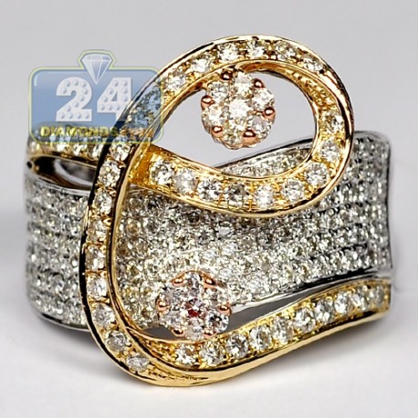 14K Three Tone Gold 1.53 ct Diamond Womens Swirl Cocktail Ring