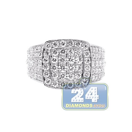 Mens Diamond Square Shape Signet Ring 14K White Gold 4.44ct
