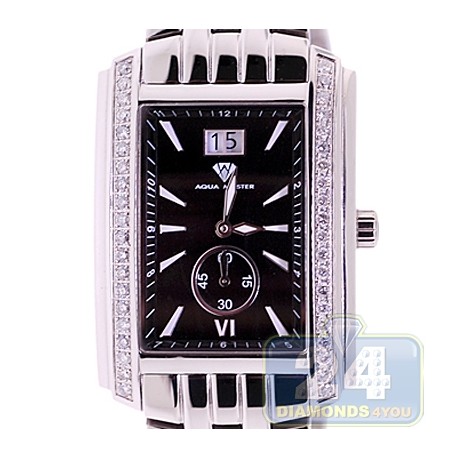 Aqua Master Square 1.50 ct Diamond Mens Black Dial Steel Bracelet Watch