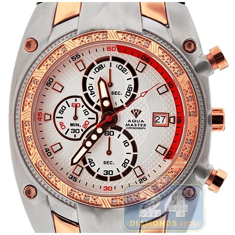 Aqua Master 0.24 ct Diamond Mens Rose Gold Steel Bracelet Red Tone Dial Watch